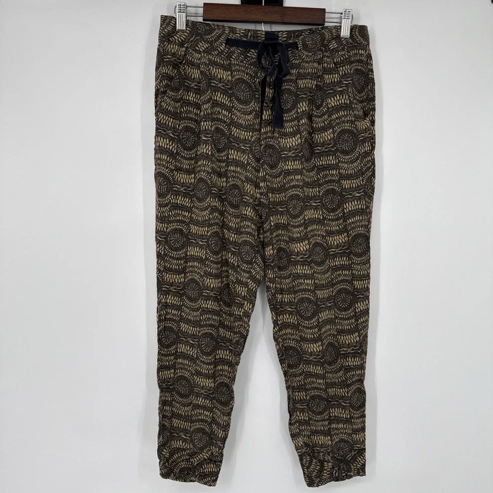 Free People Boho Batik Linen Blend Button Fly Drawstring Tan Ankle Pants Size 6